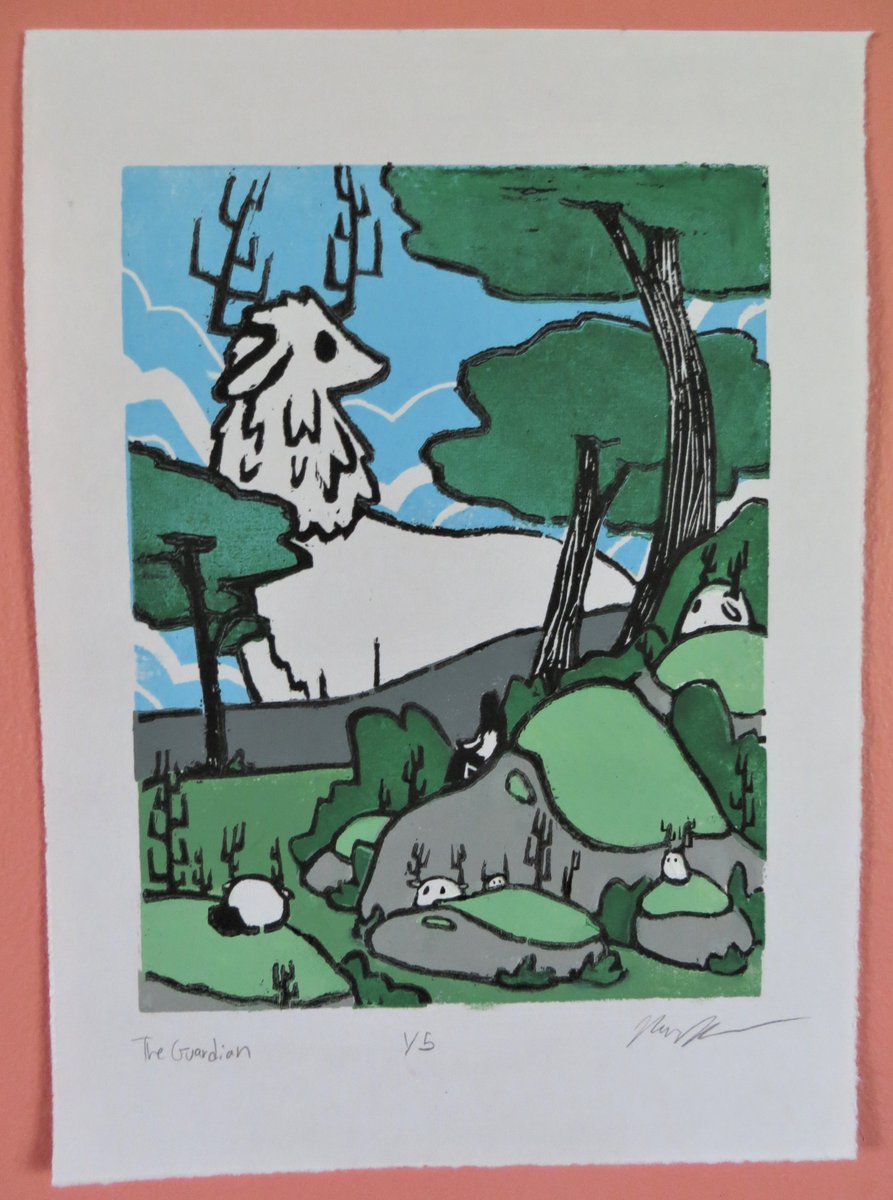 themuseturtle's tweet photo. The Guardian, a four-layer colored print done for Relief Printmaking 2021. We had two wood blocks to carve, one layer for each side. https://t.co/D4NK1qYdbg
