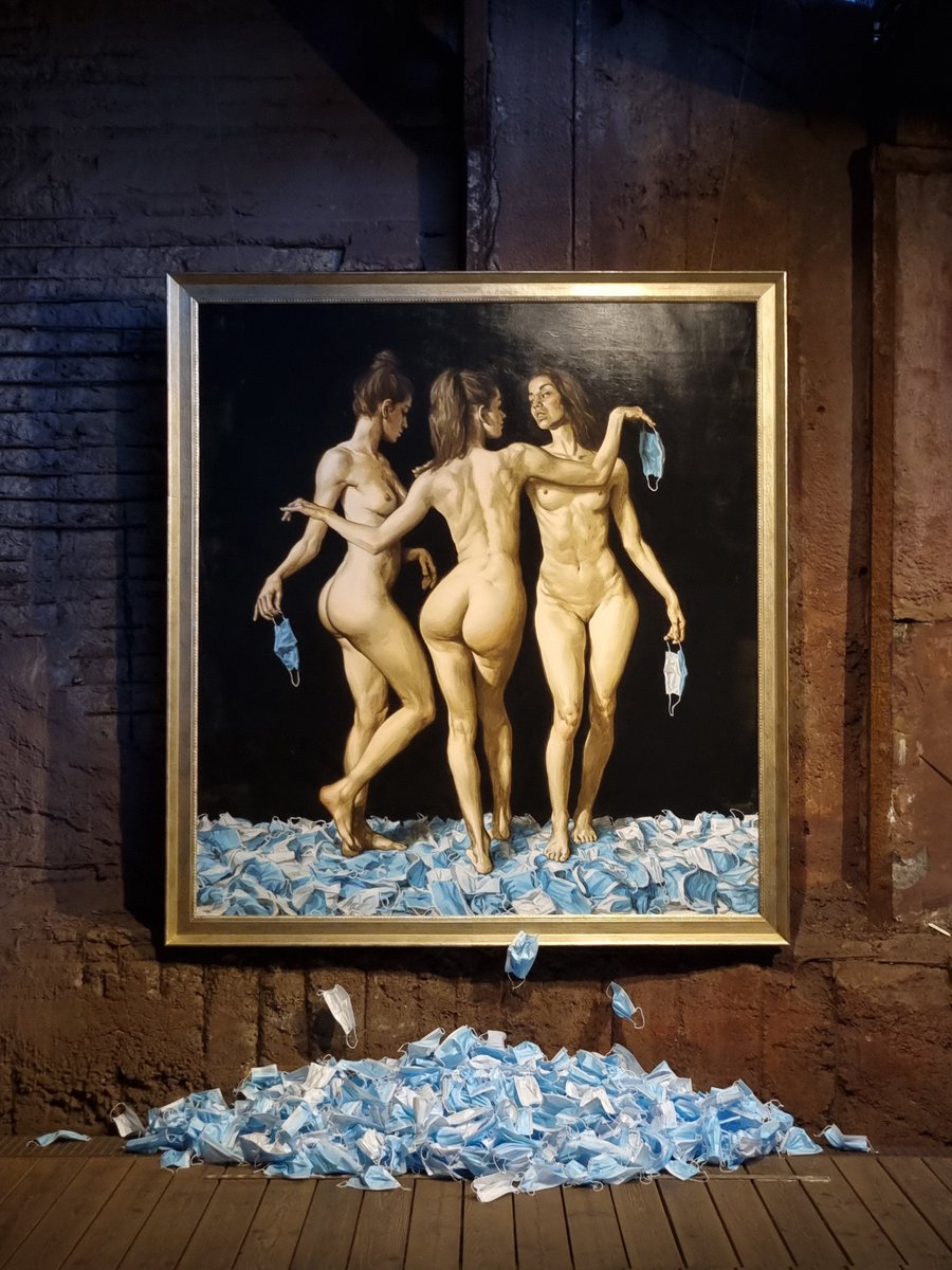 The Three Graces 2022
2 x 2.20m
Acrylic on linen canvas
and #installation with a bunch of 1000 surgical masks

Exhibited at the #UrbanArtBiennale 2022 @voelklinger_huette, collective #exhibition with around 50 international artists over a period of 7 months this summer