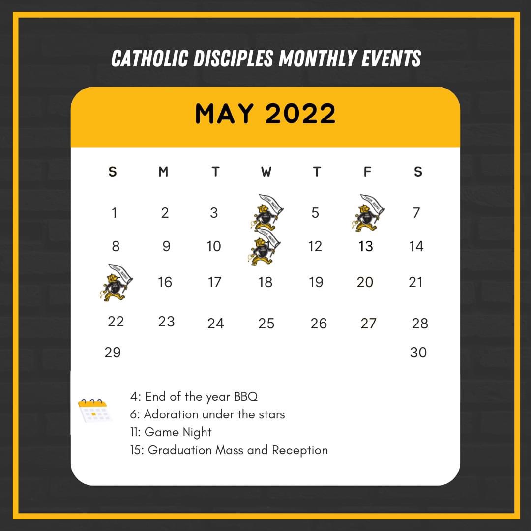 FHSUDisciples's tweet image. It is hard to believe that it is already May! Make sure to mark down these events on your calendar so you don't miss out of the events that we have left.  We are looking forward to Adoration under the stars THIS FRIDAY with the community of Hays! #rolltiges