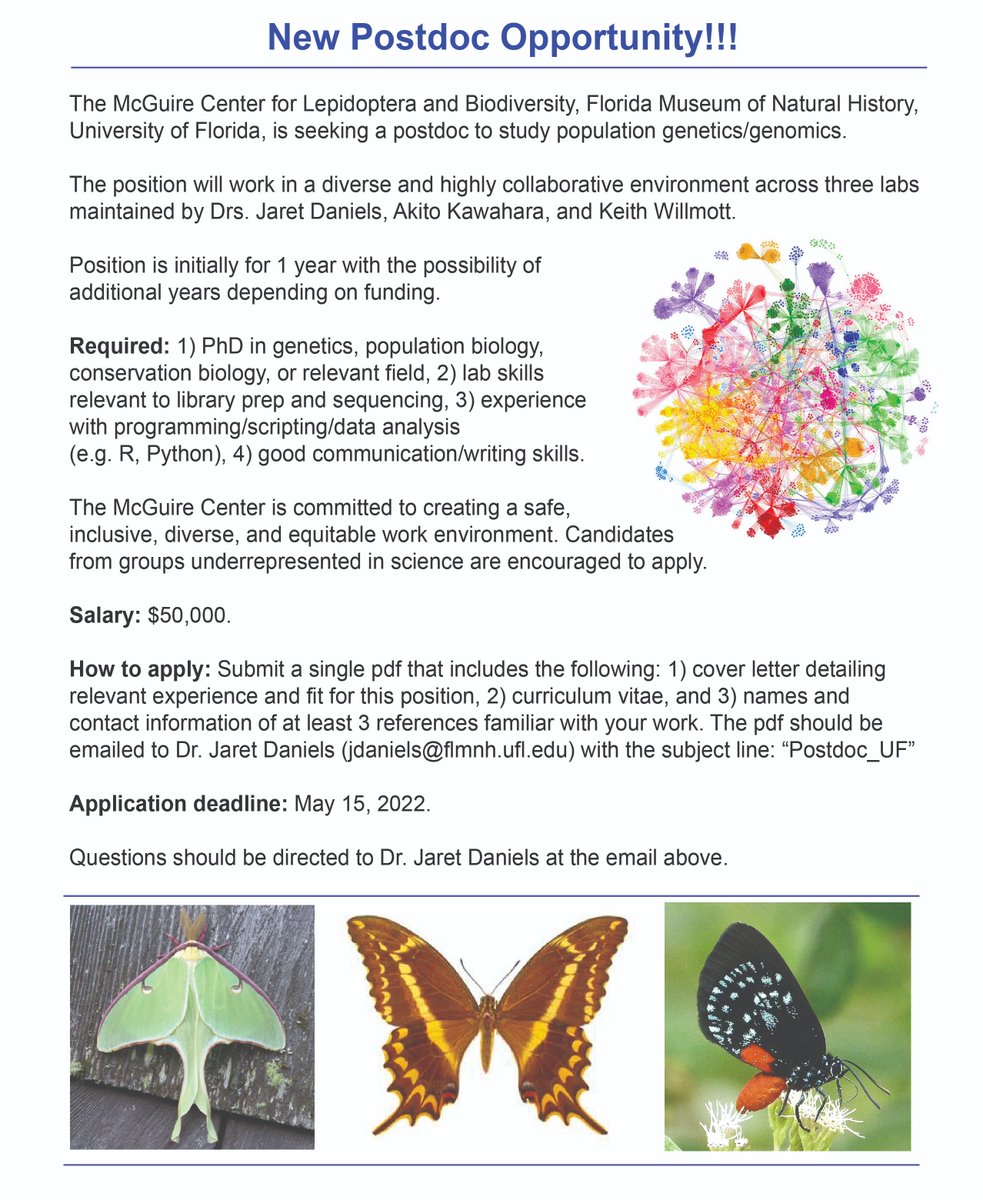 Another new postdoc position <a href="/FloridaMuseum/">Florida Museum</a> <a href="/UF/">FLORIDA</a>! This one is on #popgen and #genomics! We are looking for people with diverse backgrounds to apply. Please send to anyone interested and please RT!