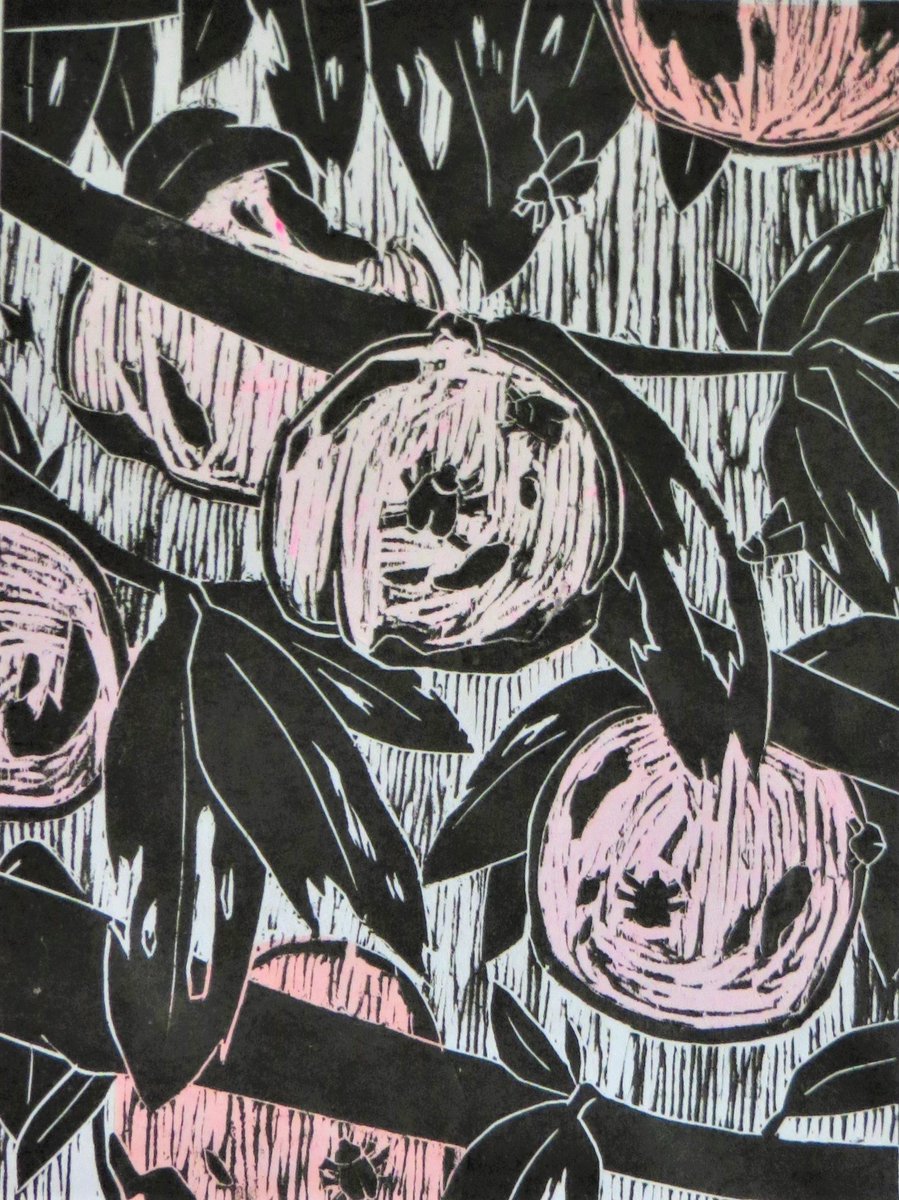 themuseturtle's tweet photo. Surveyors of the First Harvest
Done for a relief printmaking class in 2021. Carved woodblock using chine colle technique for the color. I was inspired by the image of Japanese beetles swarming my dad's peach trees. https://t.co/0jKA2UgWtj