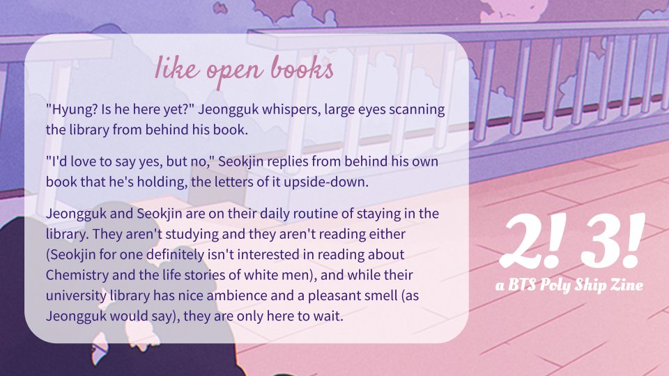 📚 preview for my <a href="/dulsetbtszine/">CLOSED ♡ 2! 3!: A BTS Poly Ship Zine 🌌</a> piece 📚

what are jinkook waiting for 🤔🤔 what are YOU waiting for ?? get a copy of so much delicious poly goodness!!!!!!
🌟 dulsetbangtanzine.bigcartel.com