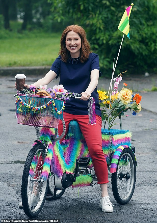 Born on this day, May 2, 1980: Ellie Kemper, actress, shown here not trying very hard to keep a low-profile while filming and episode of The Unbreakable Kimmy Schmidt in New York. Happy #bicyclebirthday, Ellie! #BOTD