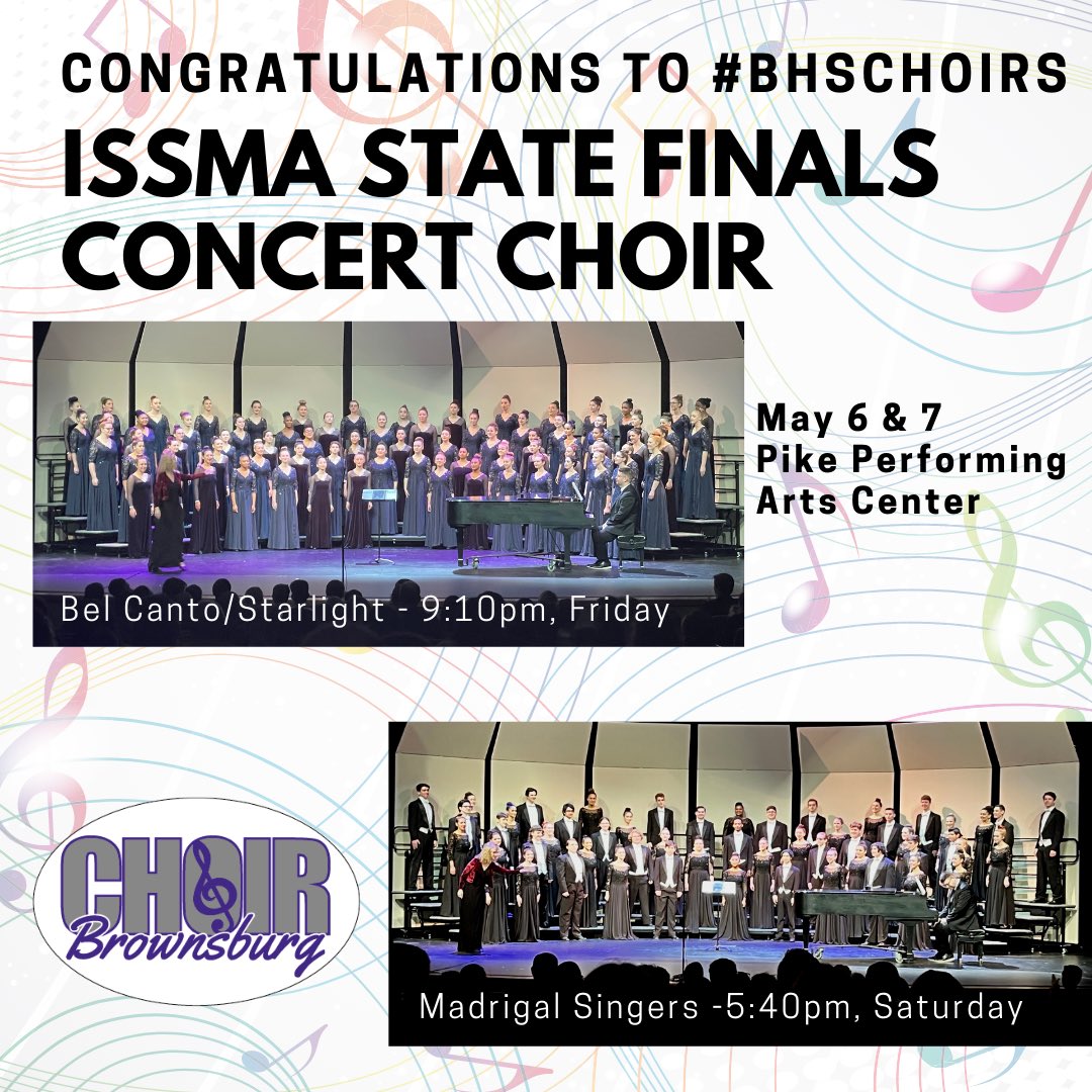 Way to go #BHSChoirs!  Both Bel Canto/Starlight and Madrigal Singers qualified for the ISSMA Concert Choir State Finals next weekend!  The Blend was just outside the Top 8 after a terrific performance on Saturday.