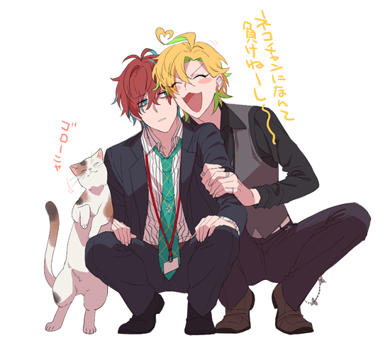 2boys multiple boys male focus cat necktie squatting green hair  illustration images