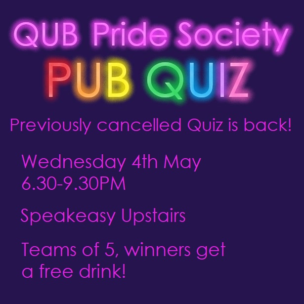 qubpridesoc's tweet photo. After having to cancel the last quiz, we are BACK! This Wednesday 4th May, 6.30-9.30, Speakeasy Upstairs. See some of you there! https://t.co/lFFSJjBurQ