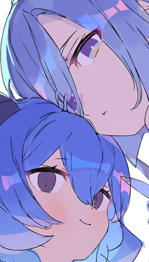 ganyu (genshin impact) ,shenhe (genshin impact) multiple girls 2girls blue hair horns white background looking at viewer purple eyes  illustration images