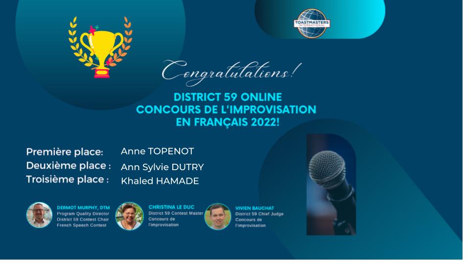 The results of our District Contests are there.
Improvisations en Français : Féliciations pour Anne Topenot, Ann-Sylvie Dutry et Khaled Hamade!