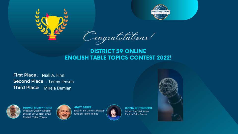 The results of our District Contests are there.
Table Topics Contest in English: Congratulations to Niall A. Finn, Lenny Jensen and Mirela Demian!