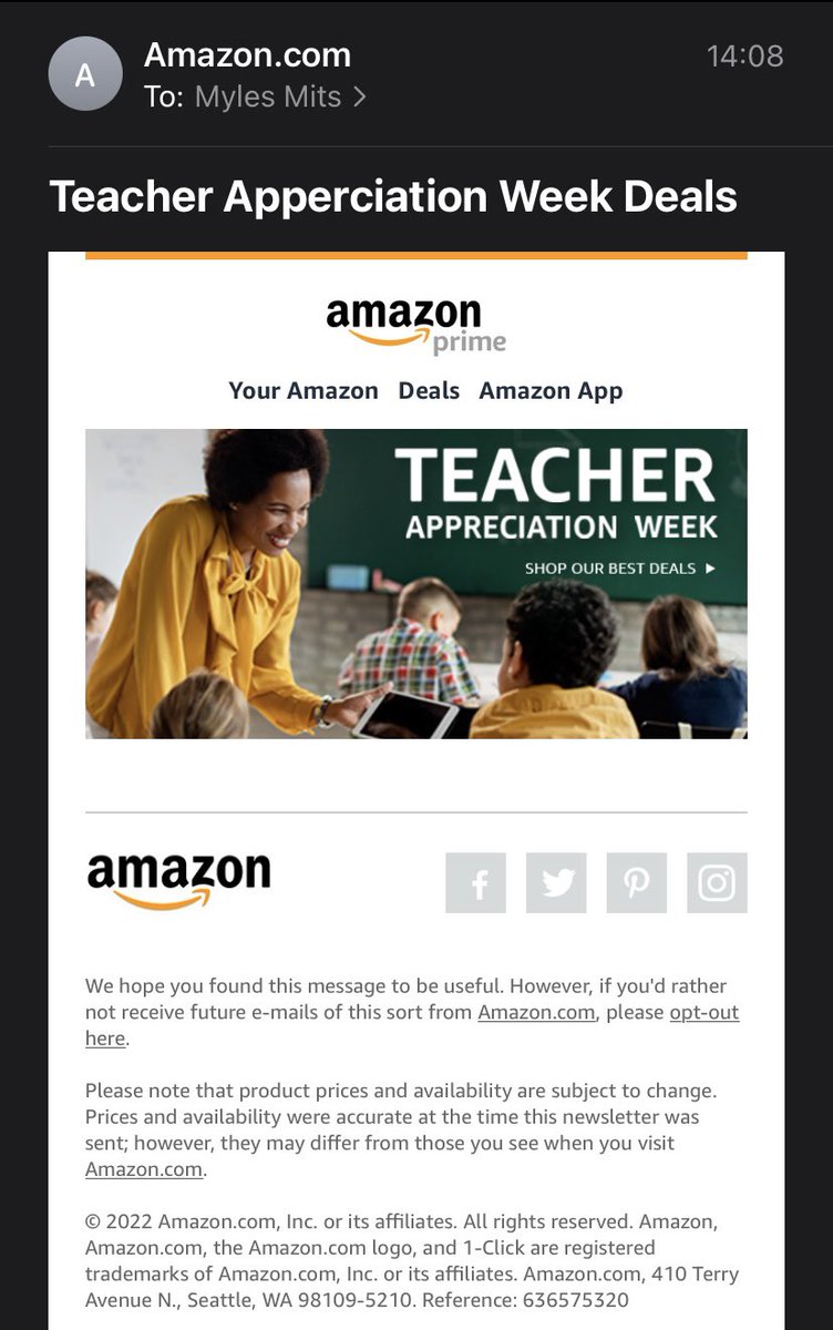 lachesistcc's tweet photo. Don’t forget about Teacher APPERCIATION Week! Looks like @amazon’s marketing team need a better editor. @JeffBezos might want to look into it 👀 #amazon #typo https://t.co/zErpXimoZu
