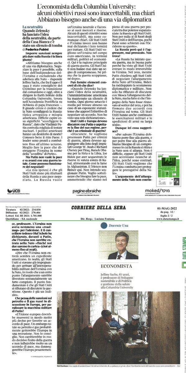 Vi condivido la lucida analisi sulla guerra ucraina di @JeffDSachs, componente del comitato scientifico <a href="/AcademyAises/">AISES</a>, apparso oggi sul <a href="/Corriere/">Corriere della Sera</a>