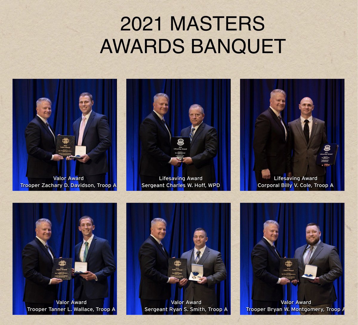 MSHPTrooperA's tweet photo. Last night six Troop A troopers were recognized for going above the call of duty during 2021. Their actions are a credit to themselves &amp; reflect the Patrol’s core values. 

Congratulations to them &amp; all the awards’ recipients at the annual #MSHP MASTERS Banquet.

#Bravery
#Honor https://t.co/NBteQqCkT6