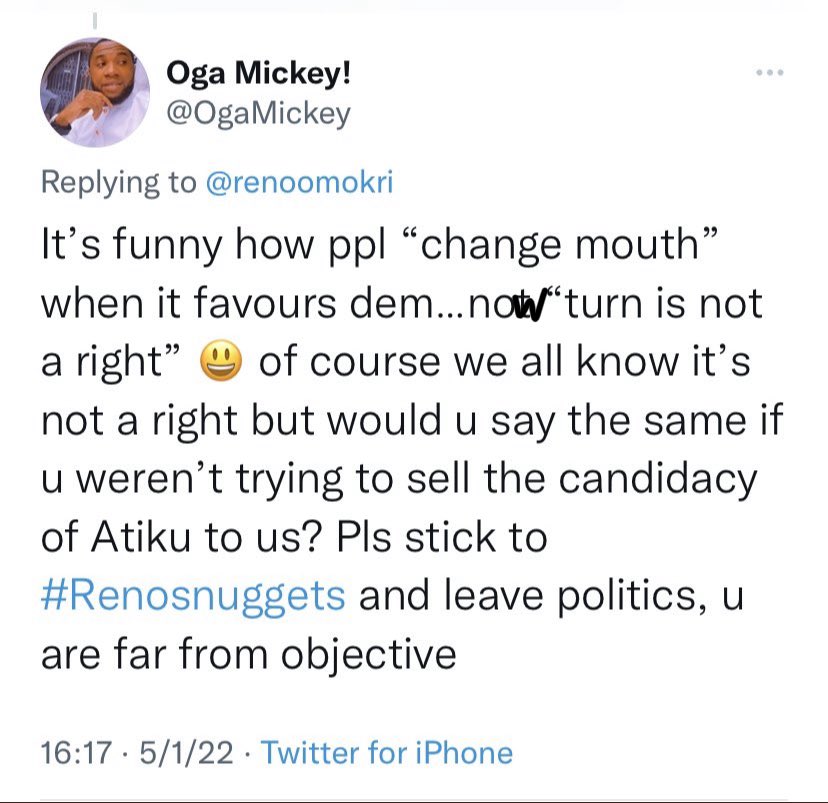 OgaMickey's tweet photo. This is why Reno Omokri blocked me 😃truth no sweet normally 😃 #Truth #EndSARS #endbadpolitics #PeterObi4President https://t.co/2ScB6I0r0k