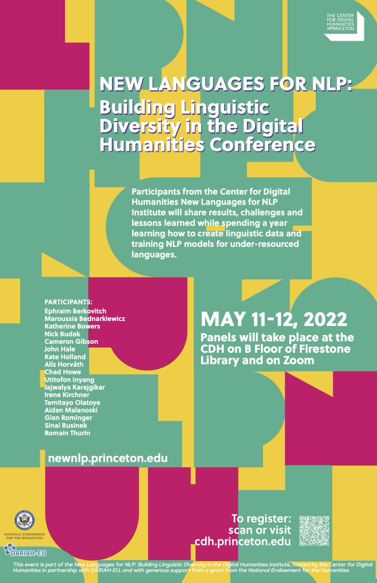 The Center for Digital Humanities at Princeton (@princetoncdh) on Twitter photo May 11–12: Join us for the New Languages for NLP: Building Linguistic Diversity in the Digital Humanities Conference feat. participants from the <a href="/nlp_new/">New Languages for NLP</a> Institute and keynotes by David Bamman and Ines Montani. In person and online. Open to all. Sign up! cdh.princeton.edu/updates/2022/0… May 11–12: Join us for the New Languages for NLP: Building Linguistic Diversity in the Digital Humanities Conference feat. participants from the <a href="/nlp_new/">New Languages for NLP</a> Institute and keynotes by David Bamman and Ines Montani. In person and online. Open to all. Sign up! cdh.princeton.edu/updates/2022/0…