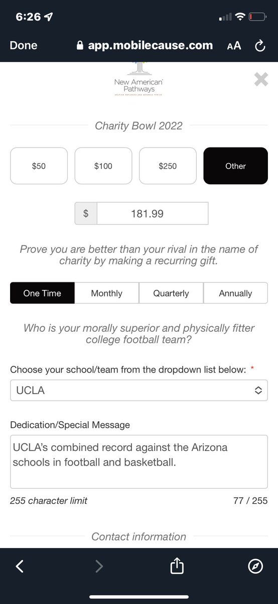 One final <a href="/newampaths/">NewAmericanPathways</a> Charity Bowl donation from here. I’m stuck in Arizona atm, so let’s donate the combined record for UCLA against the Arizona schools in football and basketball. UCLA owns this state lol. Go here to donate: edsbscharitybowl.com #GoBruins