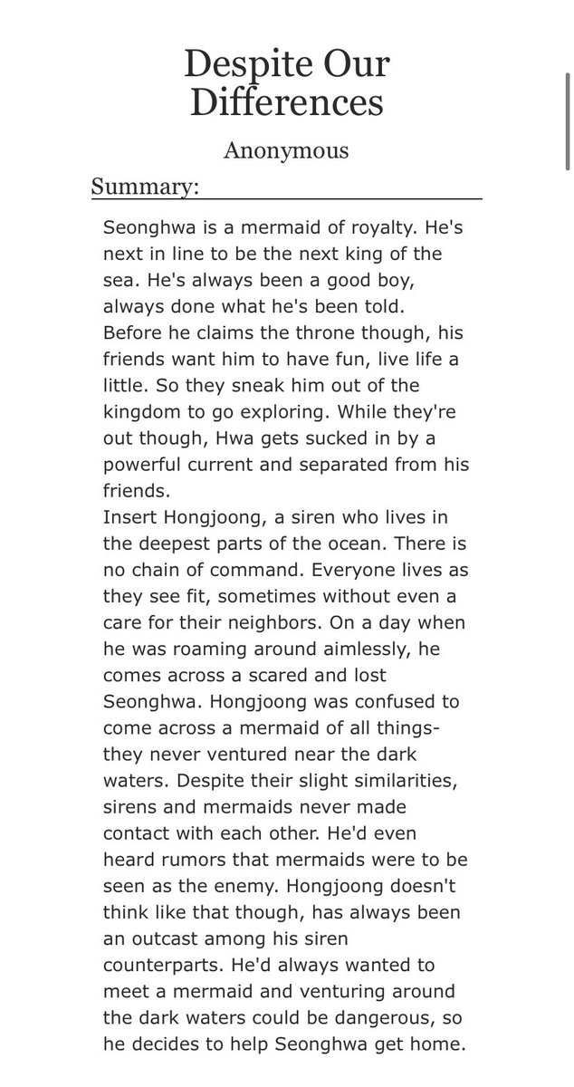 Despite Our Differences (1/?) 

🫧 Mermaid Sxxnghwx/Siren Hxngjxxng
🫧 Strangers to Lovers
🫧 Darker themes later 
🫧 Royalty AU

LINK: archiveofourown.org/works/38718780…