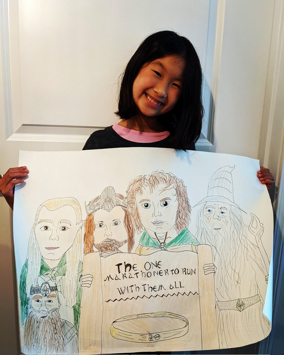 Mewie's tweet photo. Stretch goal complete: sub-4 hr marathon! Also my daughter illustrated this amazing sign for me. Thanks @EugeneMarathon for the amazing experience! #EM2022 #EM22Signs https://t.co/pjLn4z3vzc