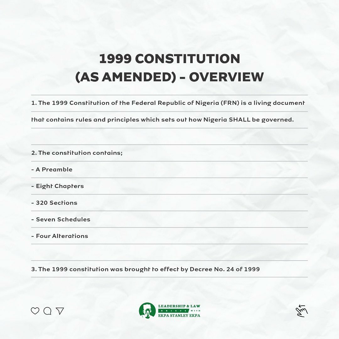 conclausesclass's tweet photo. What do you think about starting the month of May with an overview of the 1999 Constitution of the Federal Republic of Nigeria (as amended). 

Watch this space as we bring to you daily sections of the CFRN 1999.🇳🇬

#nigerianconstitution #constitutionclausesclass #CFRN1999 https://t.co/30bnOJilVQ