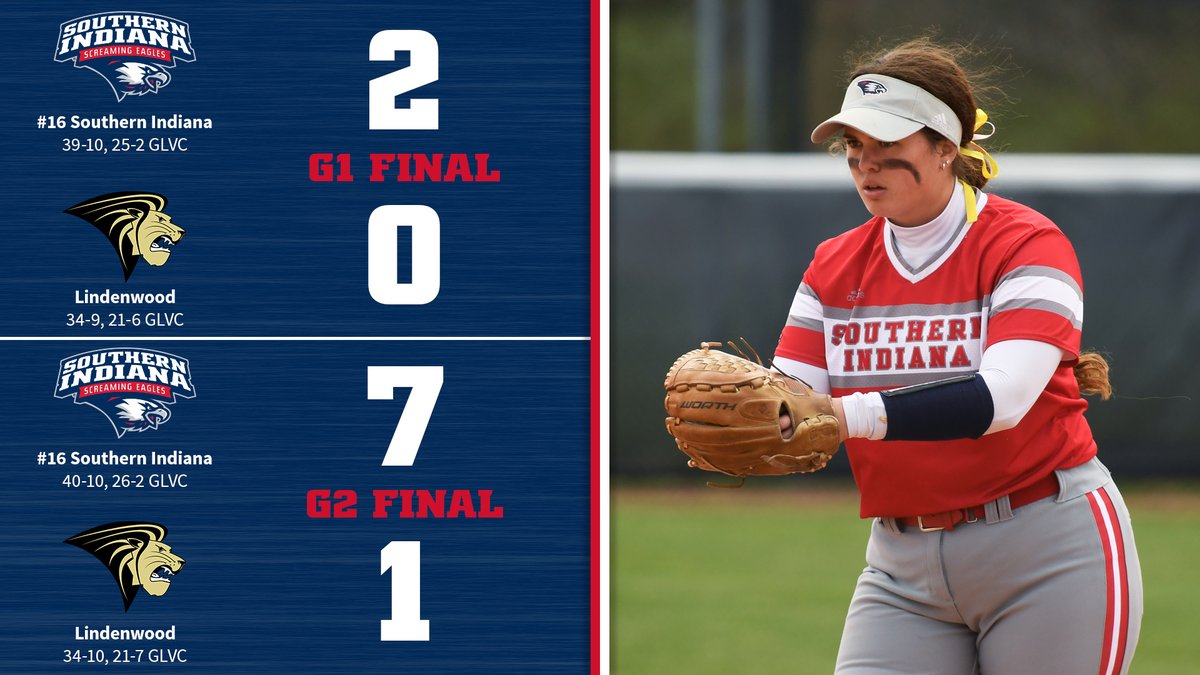 🦅🥎 <a href="/USISOFTBALL/">USI SOFTBALL</a> ends regular-season w/ #GLVCsb DH sweep of host Lindenwood. Katie Back drove in GM-winning runs in opener before getting #GoUSIEagles out of jam in GM 2 win. <a href="/USIedu/">University of Southern Indiana</a> clinches top-seed in next week's #GLVCchamps Tourney!!! #ScreaglePride