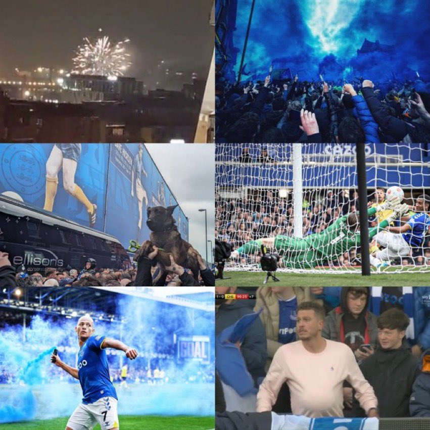 Tom_ONeill's tweet photo. Fireworks at Chelsea’s hotel,a crowd surfing dog, Richarlison lobbing a smoke bomb into the Gwladys,Pickford making the greatest saves of all time.A bloke wasting time by hiding a ball up his shirt live on Sky sports.8mins of injury time.A win over the European champions.#Everton https://t.co/26JVxk2nbP