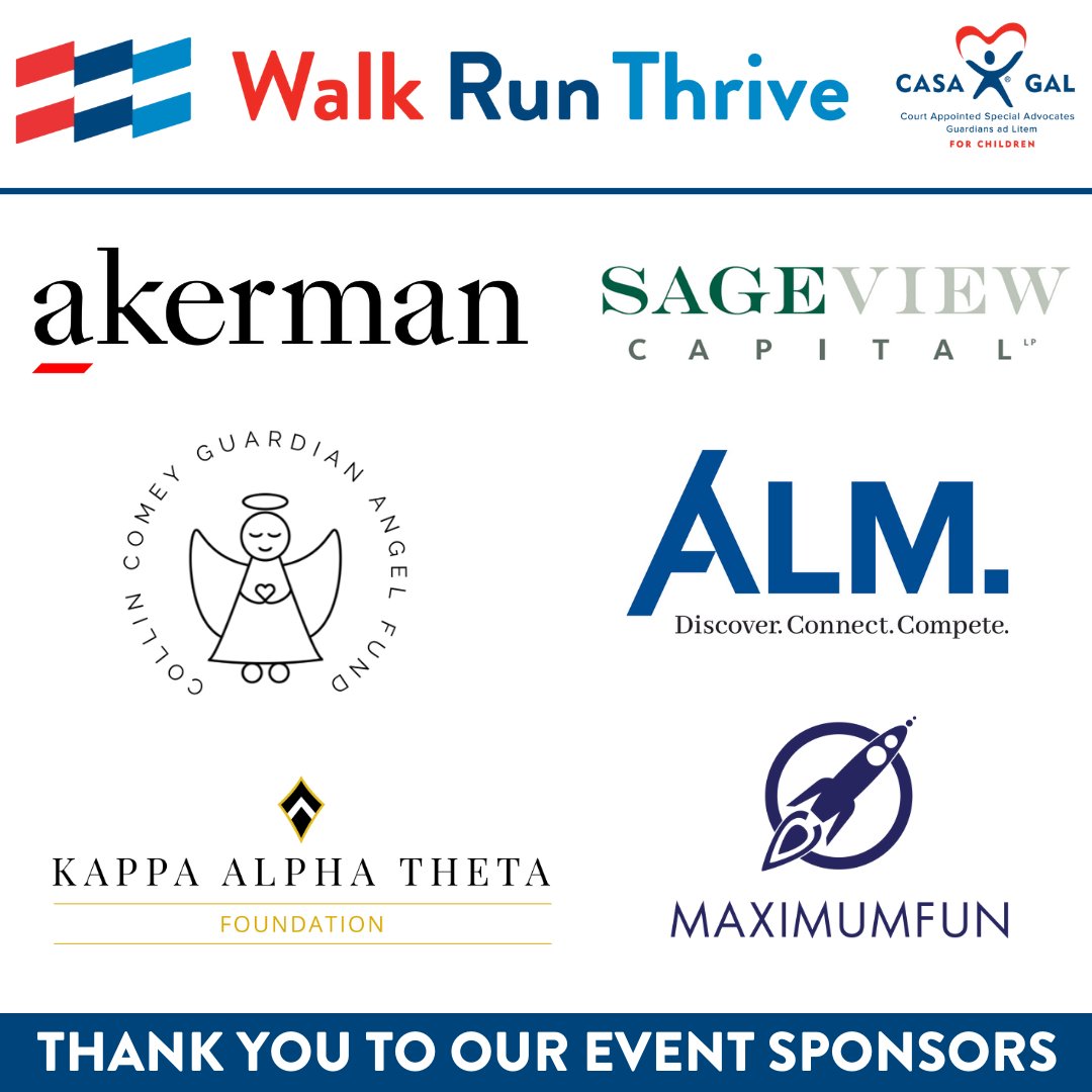Thank you for joining us for #WalkRunThrive to raise awareness for <a href="/NationalCASAGAL/">National CASA/GAL Association for Children</a> &amp; our network. What an incredible weekend! Thanks to event sponsors <a href="/Akerman_Law/">Akerman LLP</a>, Sageview Capital, Collin Comey Guardian Angel Fund, <a href="/ALMGlobal_/">ALM Global</a>, <a href="/MaxFunHQ/">Maximum Fun HQ</a> &amp; <a href="/BettieLocke/">Kappa Alpha Theta</a>! bit.ly/2022walkrunthr…