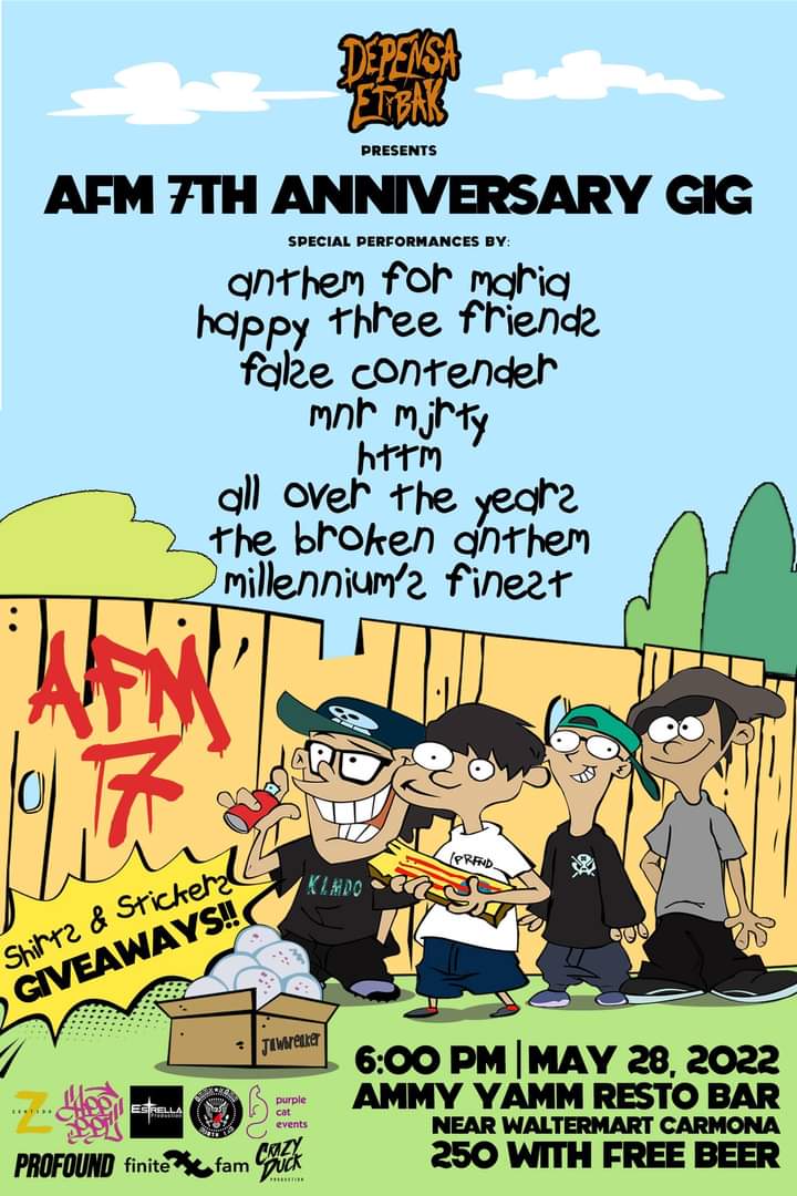 Anthem for Maria 7th Anniversary Gig! Happening this May 28th, Saturday at Ammy Yamm Resto Bar, Carmona, Cavite

Door Charge: Php 250 w/ FREE beer
Gates open: 6PM
This event is presented to you by Depensa Etibak

See you there!

finitefam.com/event/depensa-…