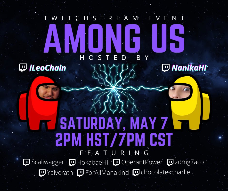 hokabaehi's tweet image. A very sus stream will be going down next weekend! Time to make some new friends (and foes) 😈 as we vote each other out on this Among Us stream.

Come join us Saturday, May 7!
@NanikaHI @iLeoChain @zomg7aco @OperantPower @ForAllManakind @Scaliwagger @ChocolatexChar