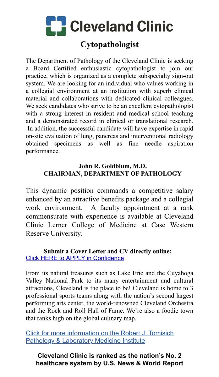 Are you a board certified cytopathologist looking to work with a large group of friendly colleagues? Please consider joining our #cytopath group, which, at 24 cytopathologists, is one of the country’s largest. 

Click here to apply in confidence: 

practicematch.com/CareerCenter/O…