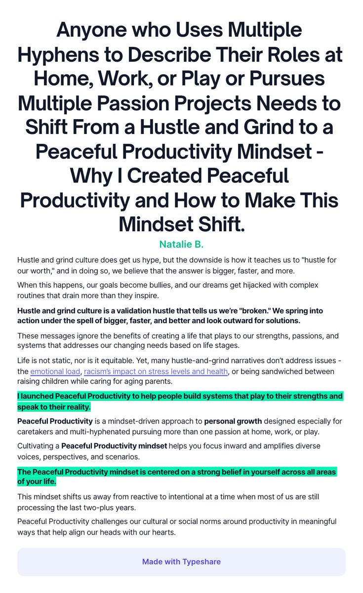 NCBNATALIE's tweet photo. I don't have the luxury to only do a thing.  It's not how my creativity or my life works.  This is why I created Peaceful Productivity - a personal growth framework that centers on a strong belief in yourself across all areas of your life instead of hustle and grind narratives. https://t.co/cz1vdFTPPE