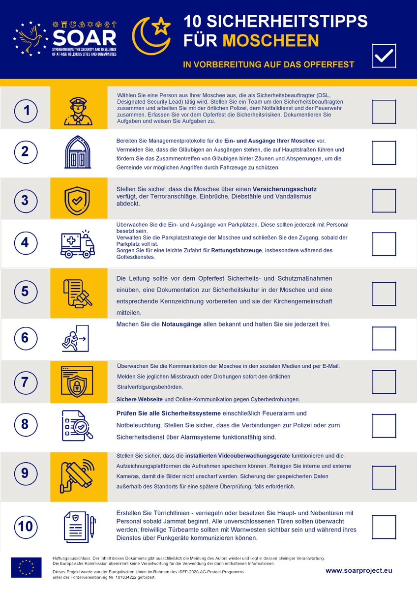 SOARProjectEU's tweet photo. 10 Sicherheitstipps für Moscheen in Vorbereitung auf #Eid-Veranstaltungen.
Das @SOARProjectEU bietet Tipps und Anleitungen für Moscheen, damit die Gemeinden dieses bevorstehende Eid sicher und geschützt feiern können.
#EidUlFitr #SOAR_EU #SecurityEU #Eid https://t.co/t8Ek3se1tl