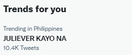 JAPS_RIZAL's tweet photo. STILL TRENDING AT 1ST SPOT NATIONWIDE WITH 10.4k TWEETS 🚀

THE POWER OF JULIEVERSE

@MyJaps @RAYVERCRUZ20 

JULIEVER KAYO NA https://t.co/Us3jXm6Gnu
