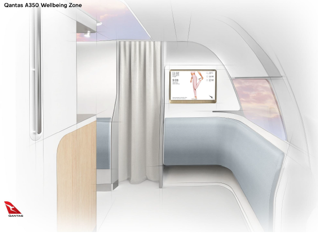 AvWeekScho's tweet photo. Here's the planned cabin configuration for Qantas' A350-1000s for Project Sunrise. Note the "well-being zone" for stretching, hydration etc. Qantas says it will have the lowest seat count of any A350-1000s in service https://t.co/YuoEpHPfIp