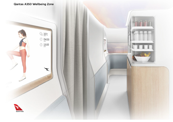 AvWeekScho's tweet photo. Here's the planned cabin configuration for Qantas' A350-1000s for Project Sunrise. Note the "well-being zone" for stretching, hydration etc. Qantas says it will have the lowest seat count of any A350-1000s in service https://t.co/YuoEpHPfIp