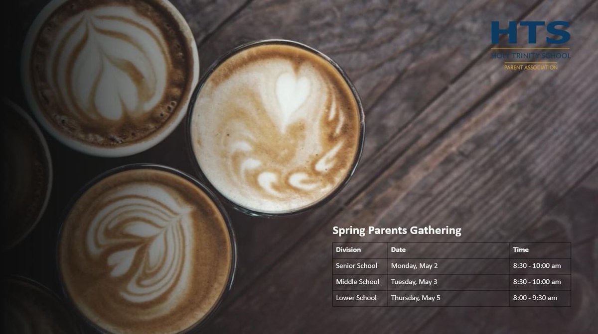 HTSParents's tweet image. Join us at the Spring Parent Gatherings for coffee and refreshments after the morning drop off.  Visit the Parent Association Website bit.ly/htsparentsevent for more information.  We look forward to seeing you!