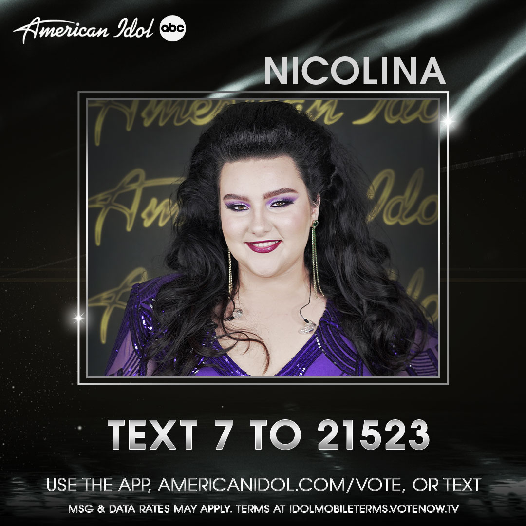 AmericanIdol's tweet photo. How to vote for @NicolinaBozzo

➔ Text 7 to 21523
➔ Use the #AmericanIdol App
➔ Go to https://t.co/zflQXnK76e⁣⁣⁣⁣⁣⁣⁣⁣⁣⁣⁣

Results are revealed at the end of the show! https://t.co/9F6md36Kkx