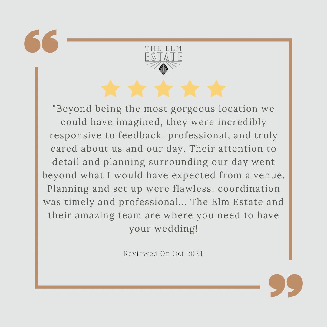 Another wonderful review from one of our past couples. Making your wedding day one to rememeber is what we do best. Book a walk through of our grounds by clicking the link in our bio and come see for yourself what it means to have your special day at The Elm Estate. 🤍