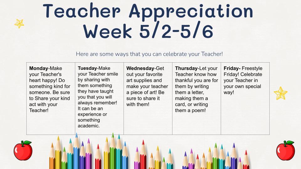 This week is Teacher Appreciation week and we LOVE our Oaks Elementary teachers! Below is a few simple ways you can help your child show your teacher that they appreciate them!