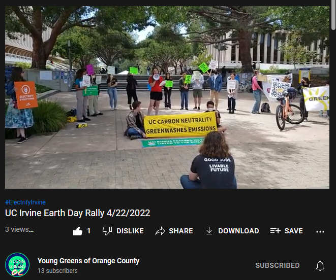An OC Green attended the Earth Day Rally in UCI on 4/22 organized by @UCGreenNewDeal and @oc_sunrise @sunrisemvmtuci. The speeches and interviews cover the UC Green New Deal and electrification in OC. Link to video: youtu.be/Nnpceoopvu8