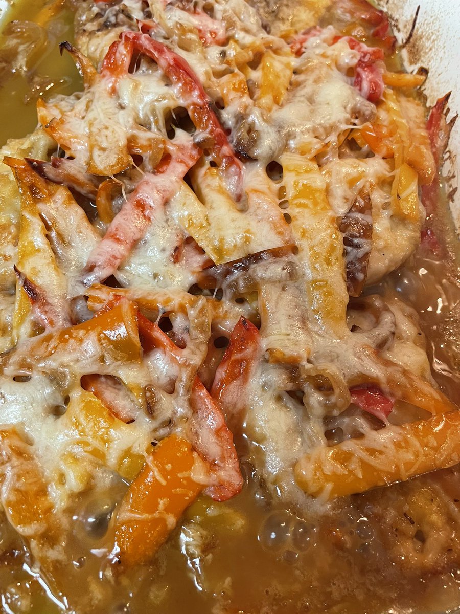 Chicken provolone with peppers and onions.