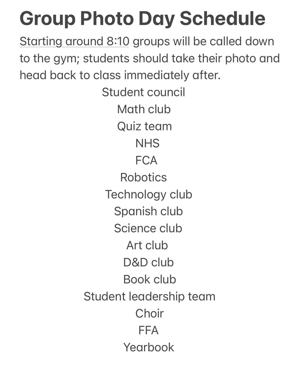 Yearbook group photo day is tomorrow! See the attached schedule and remember to wear your best smile! 📸
