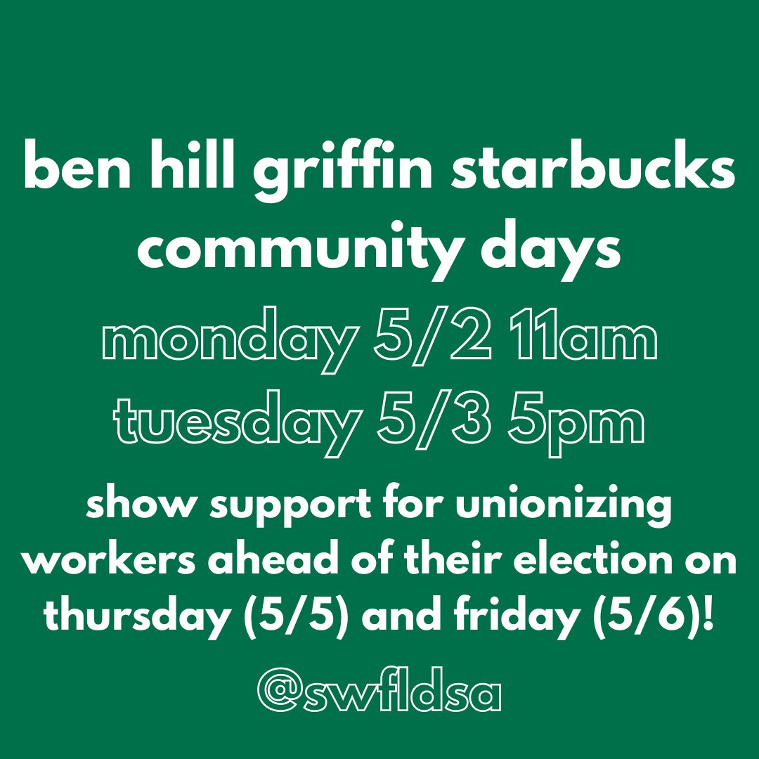 sbwu_bhg's tweet photo. Hi everyone! If you're in SWFL we'd love to see you around the store this week! Monday and Tuesday we're having community days to show solidarity with us workers at Ben Hill 💕 shout out to @swflDSA for creating these graphics for us! #UnionYes #UnionStrong #SBWorkersUnited https://t.co/VyVyROOyx6