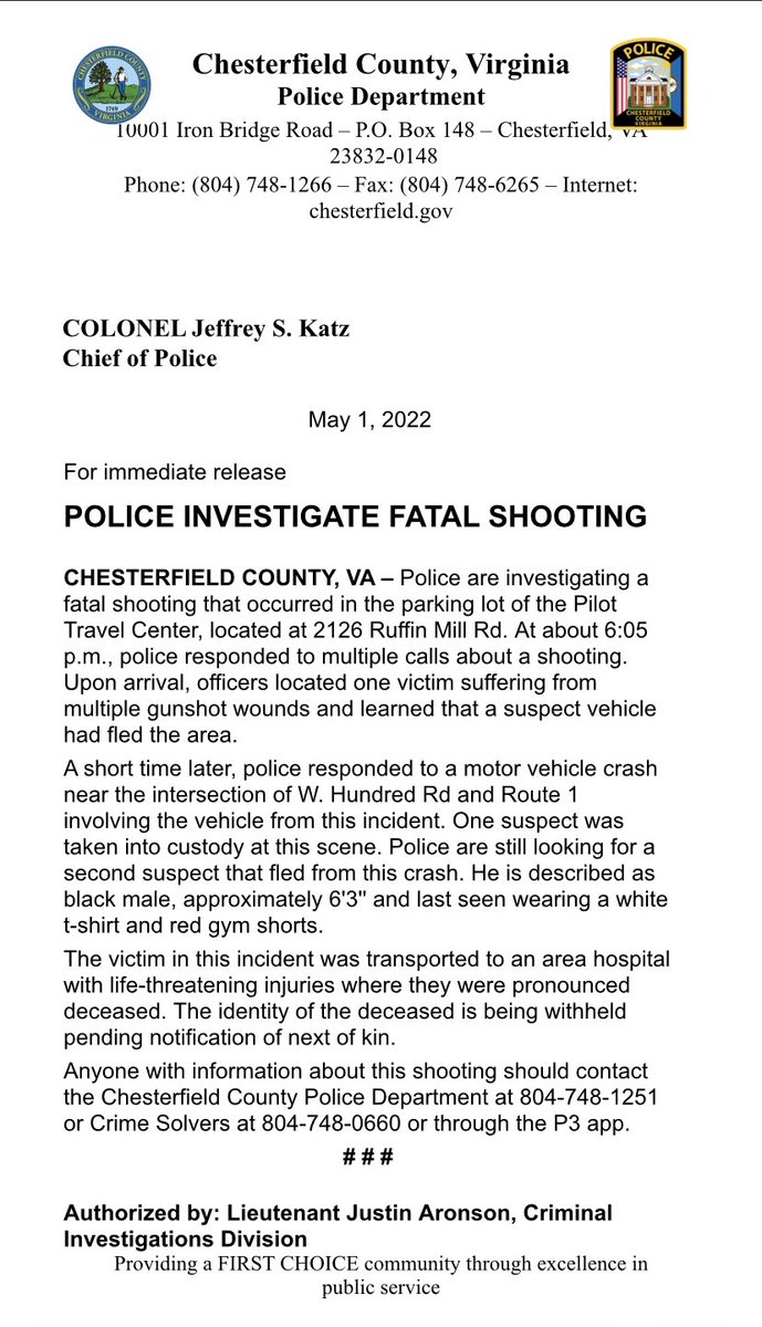 For Immediate Release: <a href="/CCPDVa/">Chesterfield Police</a> <a href="/8NEWS/">8News WRIC Richmond</a> <a href="/CBS6/">WTVR CBS 6 Richmond</a> <a href="/NBC12/">NBC12 is now 12 On Your Side</a> <a href="/RTDNEWS/">Richmond Times-Dispatch</a>