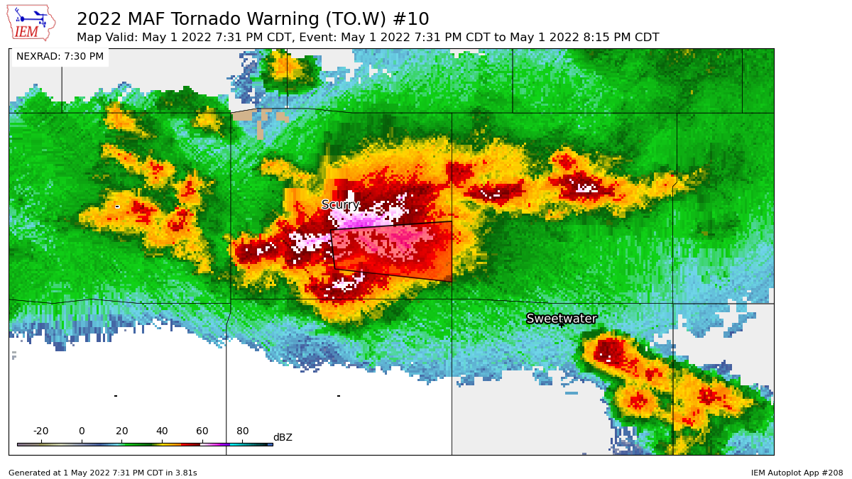 TxStormChasers's tweet photo. MAF issues Tornado Warning [tornado: OBSERVED, hail: 2.50 IN] for Scurry [TX] till 8:15 PM CDT https://t.co/uQDmMhaNwb https://t.co/Ovf9Tf9hTz