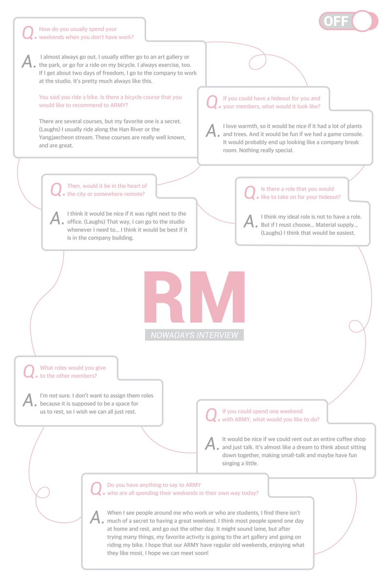 sugadboy's tweet photo. — Weverse | Entrevista de fin de semana con #RM (@BTS_twt) 

▪️¿Cómo sueles pasar los fines de semana cuando no tienes trabajo? 

🐨: Casi siempre salgo, suelo ir a una galería de arte o al parque, o voy a dar un paseo en bicicleta. Siempre hago ejercicio, también. https://t.co/NZZwibsVma