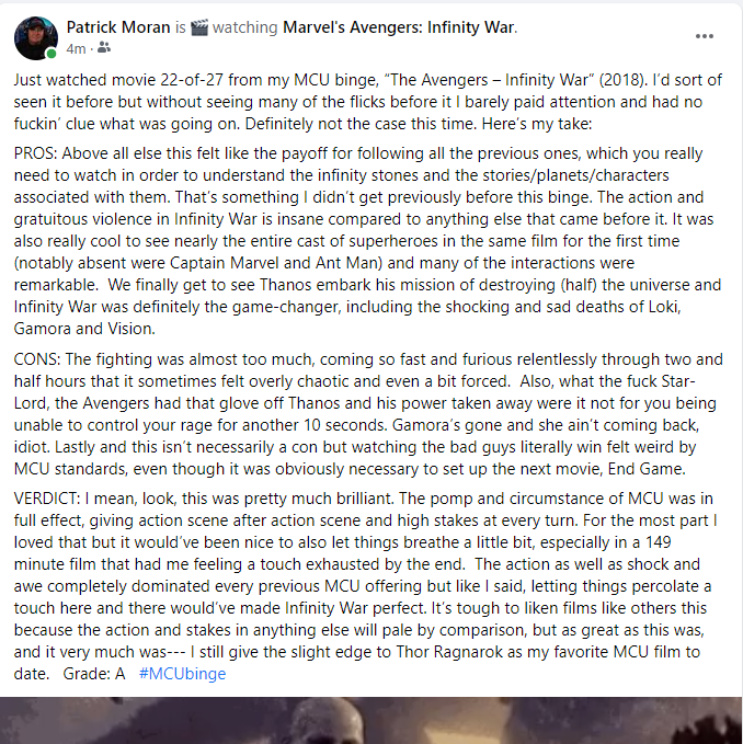 PatrickMoranTB's tweet photo. MCU binge 22-of-27 chronologically. "Avengers- Infinity War" (2018). Here's my take and grade, easier to just cut-and-paste from my Facebook... Holy shit this was a lot to take in #MCUbinge https://t.co/xQjvFV8CIM