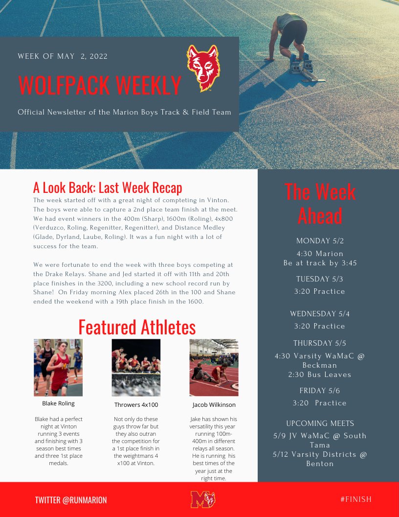 Marion Track &amp; Field weekly newsletter