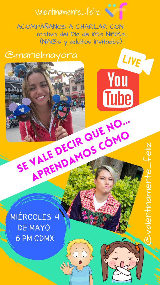 MarielMayora's tweet photo. A todos los niños y sus mamás y papás los esperamos este miércoles 4 de mayo a las 6 pm en mi canal de YouTube en donde hablaremos con @valentinamenteF de la importancia de los límites y evitar el bullying. https://t.co/ZiMTIy3wf9