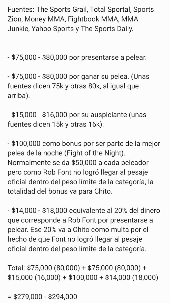 #UFC
#UFCVegas53

Ganancias de Marlon 'Chito' Vera por su pelea de ayer vs Rob Font:

Adjunto imagen de lo que redacté para no tener que tomarme dos o tres tweets detallando todo.

Los números son en base a la investigación/consulta que hice con varias fuentes...