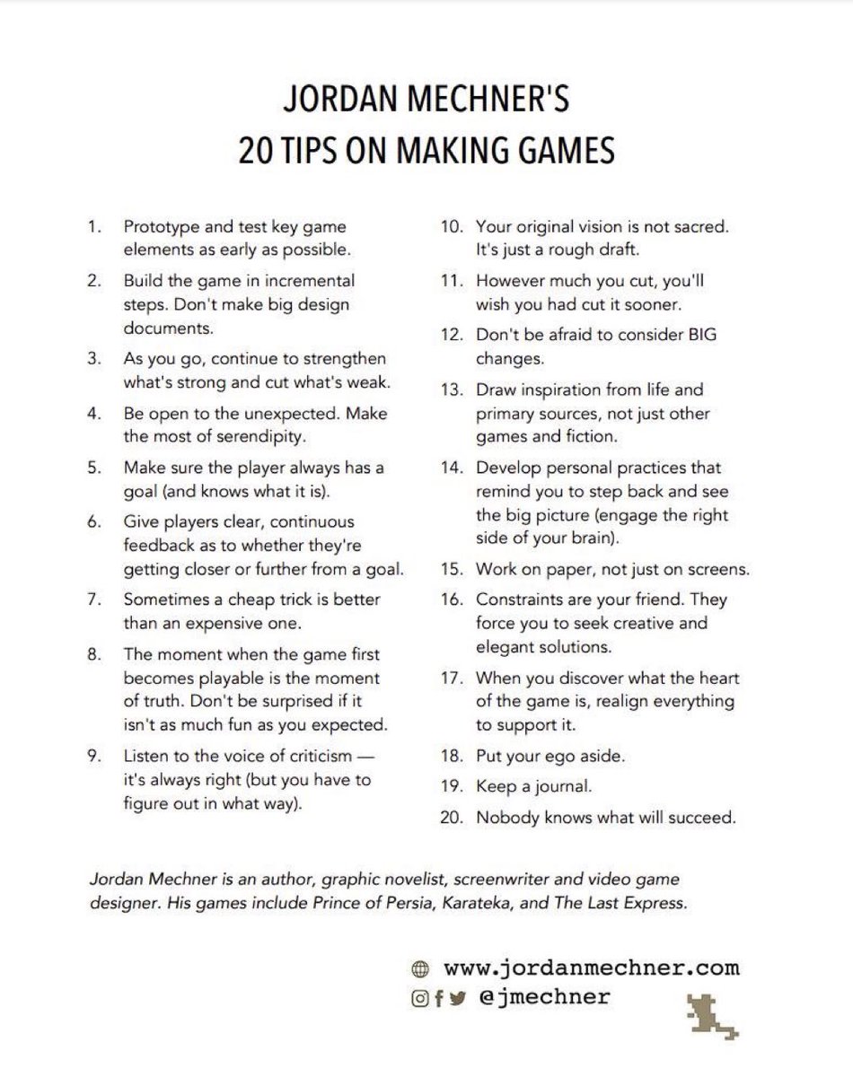 This is a great set of tips (by @jmechner ) and a process I’ve also followed naturally over the years. If you’re in game dev you need to embrace these. Ironically the only time I break these rules is when dealing with publishers 🤣 Let’s go through them one by one! (LONG POST)