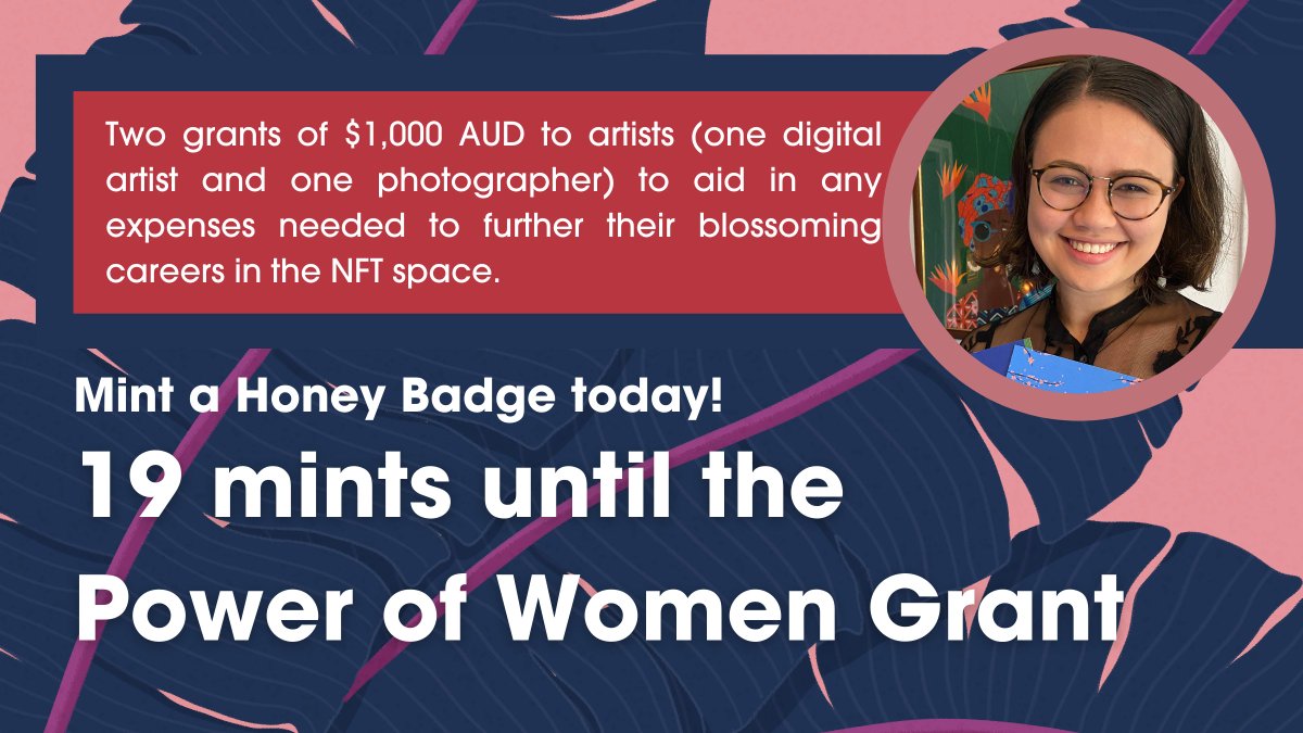 19 <a href="/HoneyBadgesNFT/">Honey Badges</a> mints remaining before we reach our <a href="/PowerOfWomenNFT/">PowerOfWomenNFT</a> Grant roadmap item! If you are an artist, you can apply for this grant in our discord (the burrow)! If you're a collector, mint today!! honeybadgesmint.app